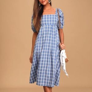 Lulu’s Seaside Breeze Blue Plaid Puff Sleeve Midi Dress xs